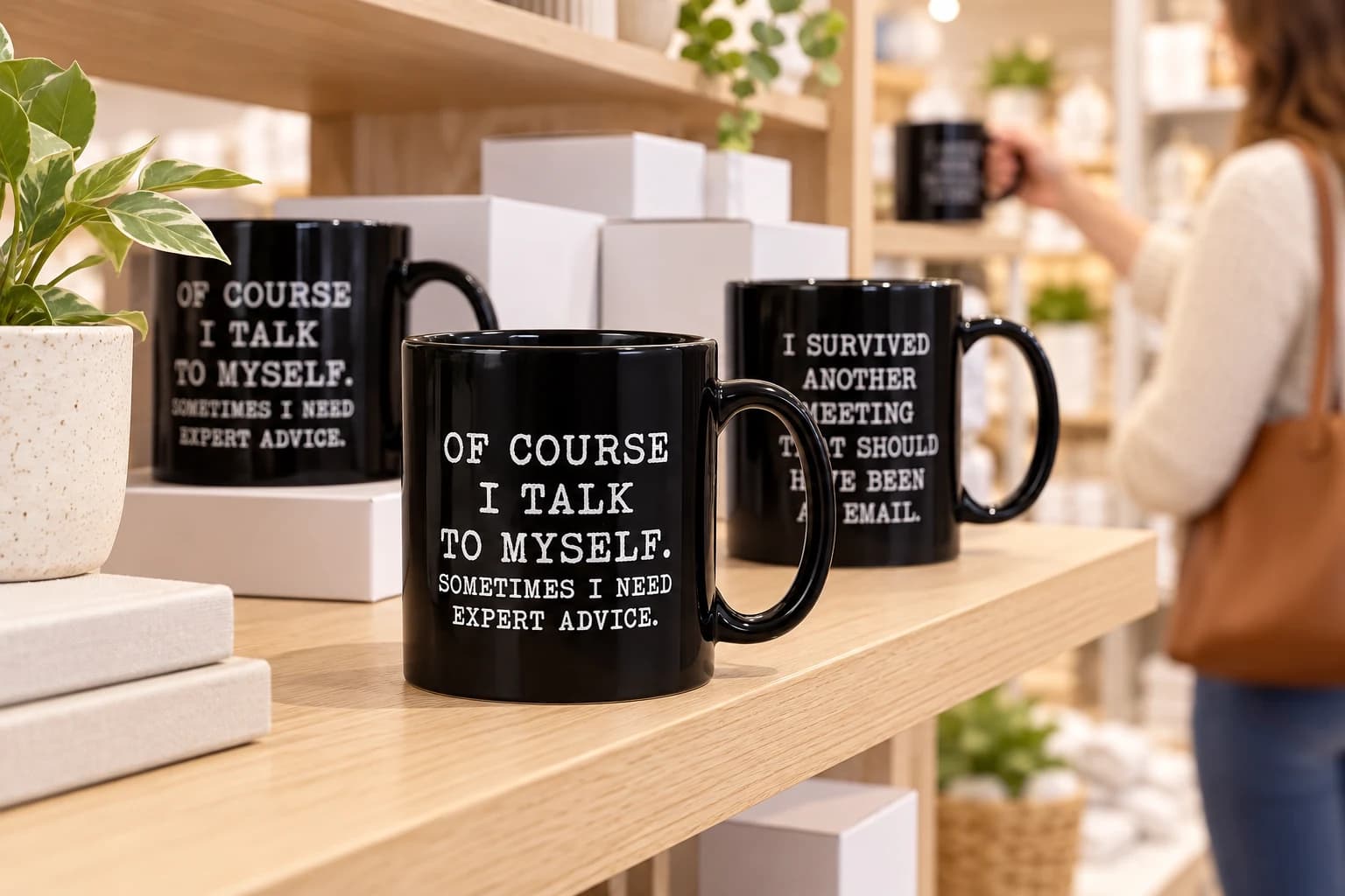 AI concept of slogan mugs on a home-and-gift store shelf
