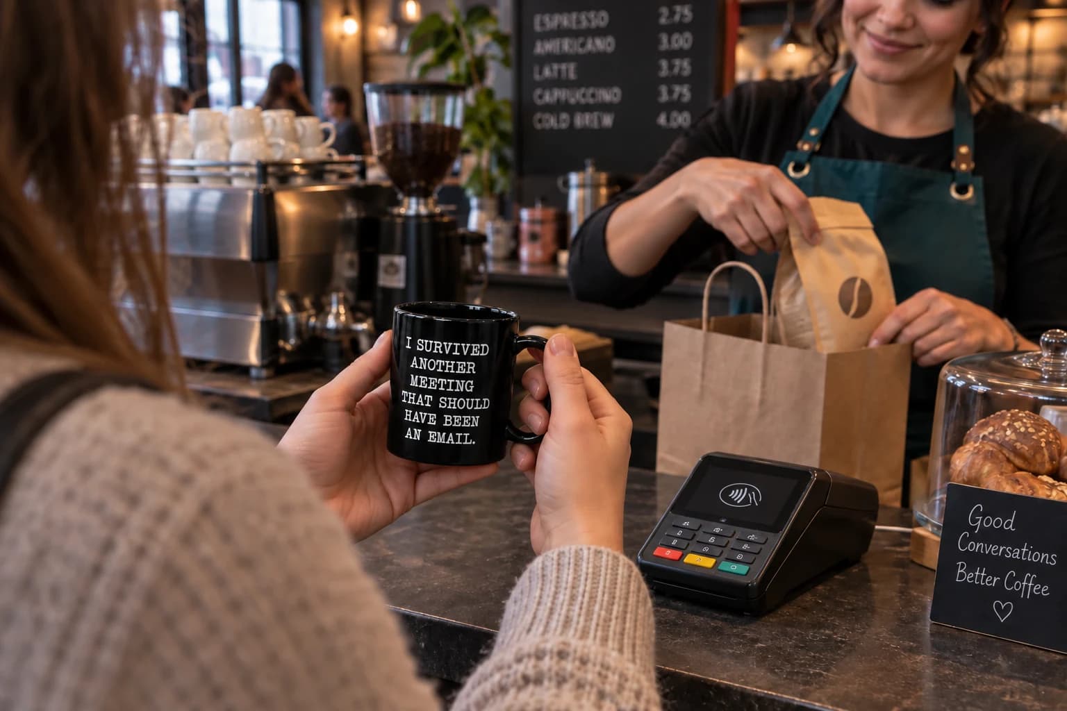 AI concept of a customer holding a Meeting mug at café checkout while a barista bags coffee