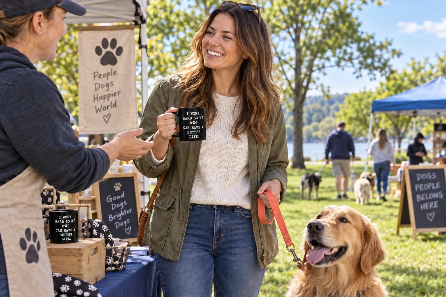 AI concept of a shopper holding a dog-themed mug beside her dog at an outdoor community market