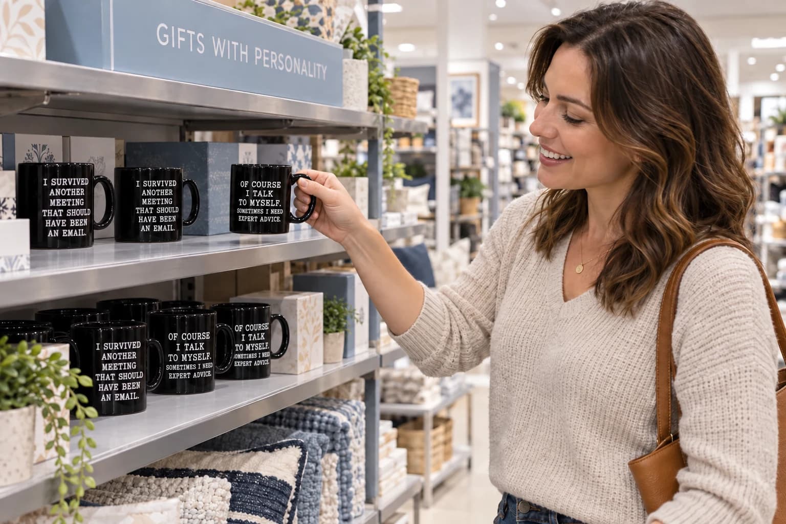 AI concept of a shopper selecting an Expert Advice mug from a department-store giftware shelf