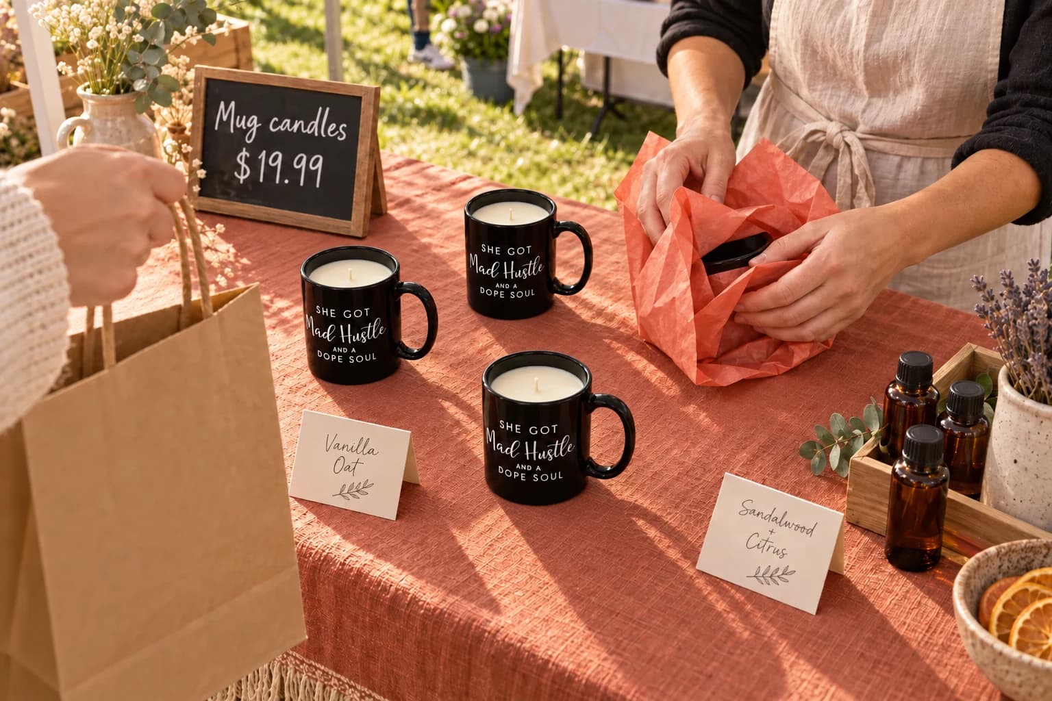 AI concept of a maker wrapping mug candles at an outdoor market, with visible wax, wicks and an illustrative $19.99 sign